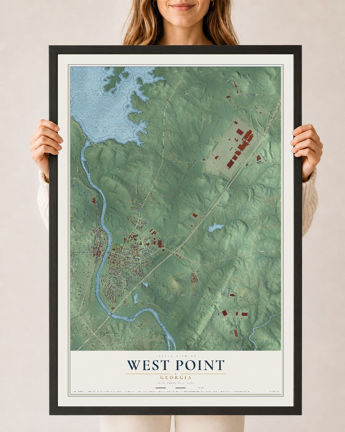 West Point, Georgia map print, 24" x 36" W/ Black Ayous Wood Frame mockup