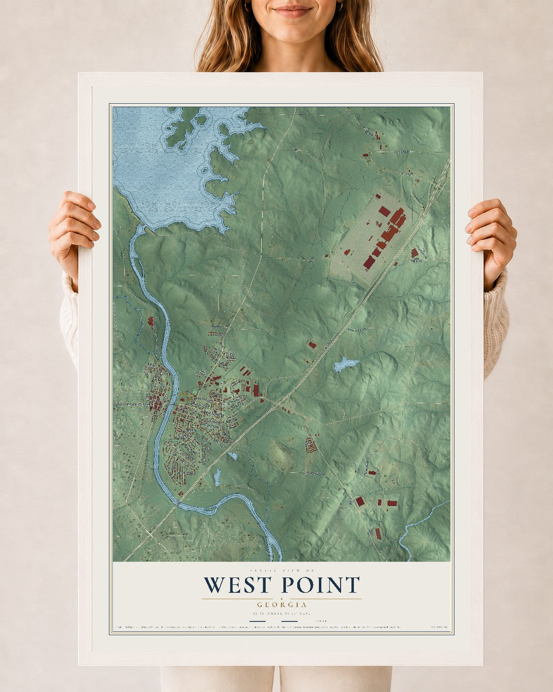 West Point, Georgia map print, 24" x 36" W/ White Ayous Wood Frame mockup