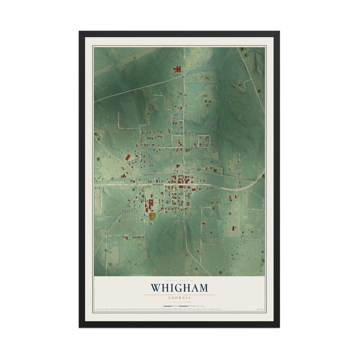 Map of Whigham, Georgia, 12 x 18 inch print in a black wood frame