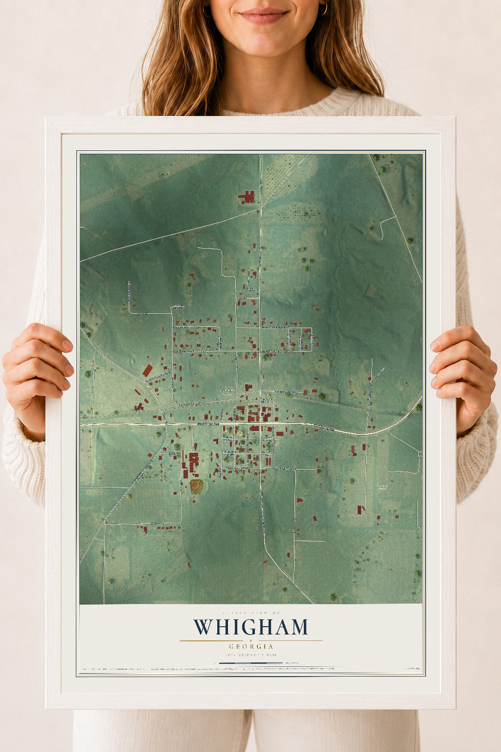 Whigham, Georgia map print, 18" x 24" W/ White Ayous Wood Frame mockup