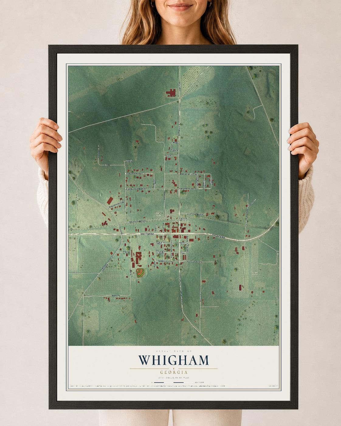Whigham, Georgia map print, 24" x 36" W/ Black Ayous Wood Frame mockup