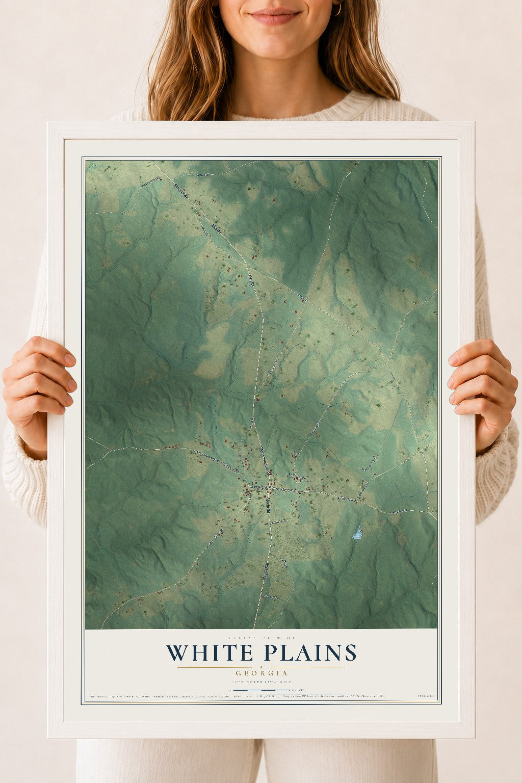 White Plains, Georgia map print, 18" x 24" W/ White Ayous Wood Frame mockup