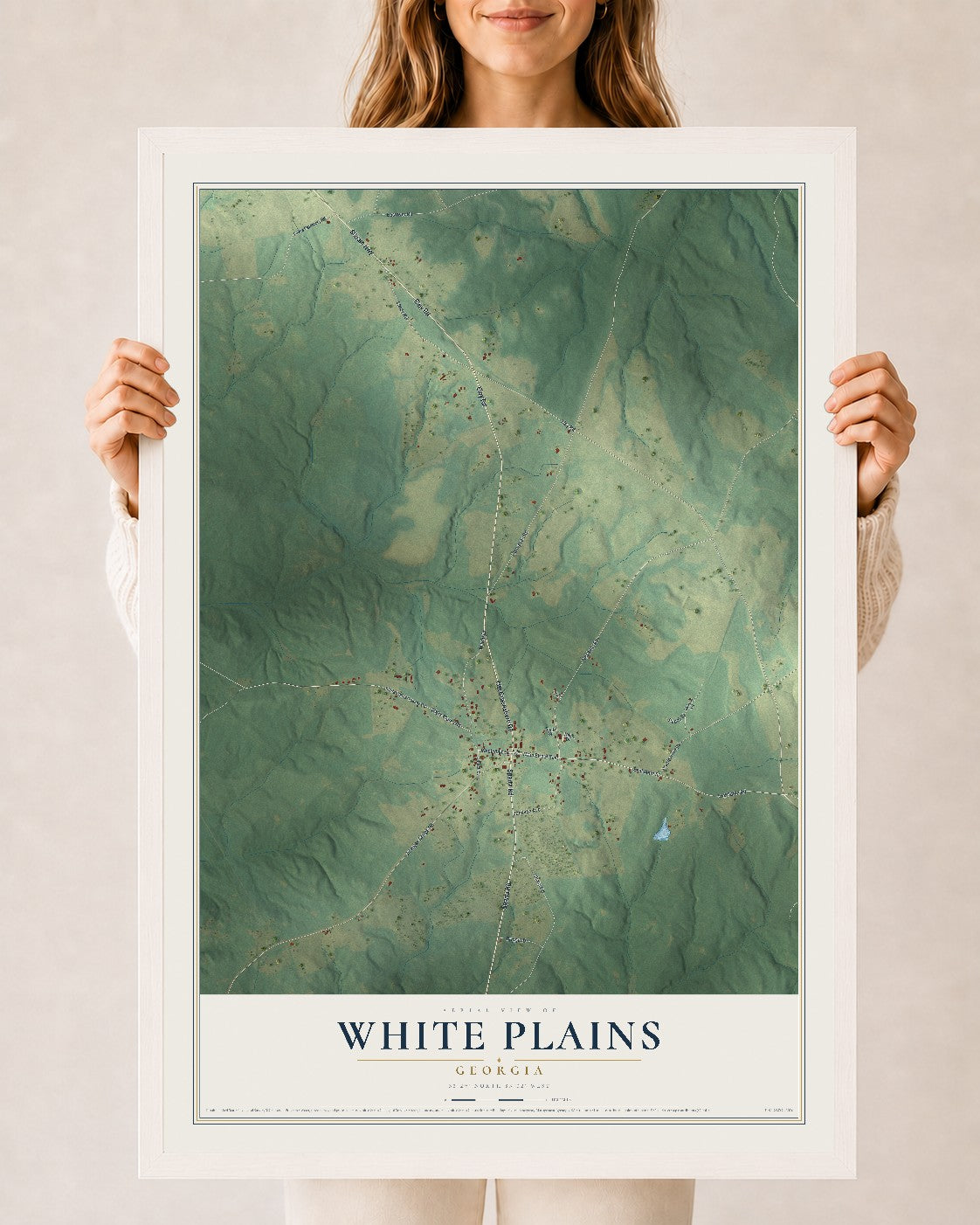 White Plains, Georgia map print, 24" x 36" W/ White Ayous Wood Frame mockup