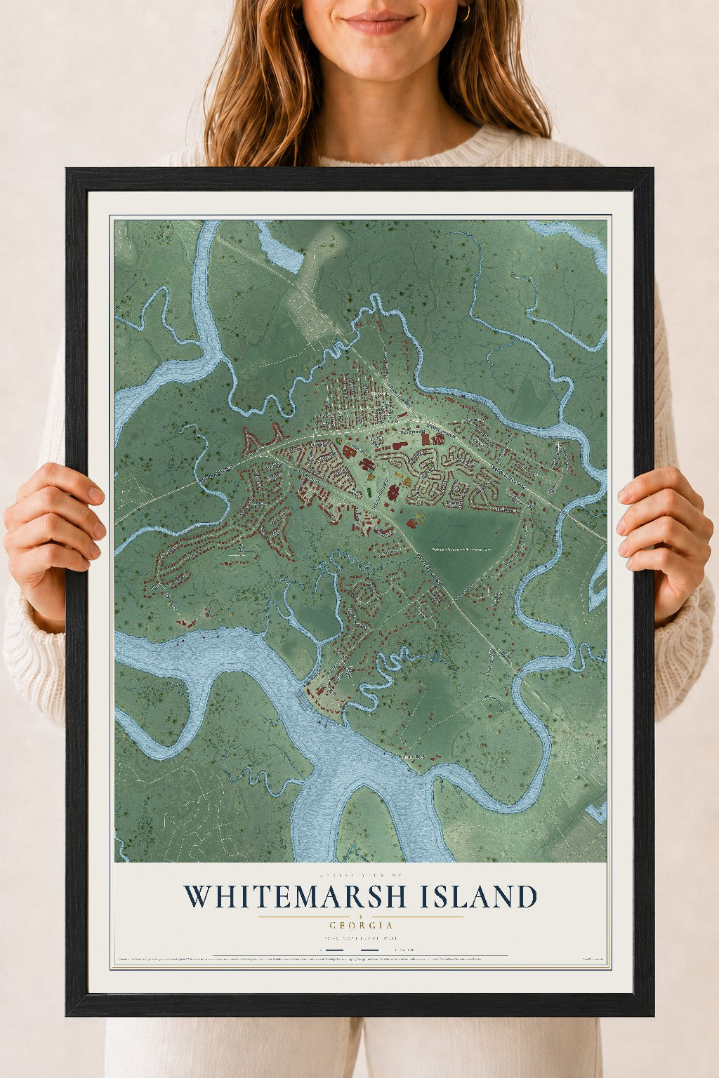Whitemarsh Island, Georgia map print, 18" x 24" W/ Black Ayous Wood Frame mockup