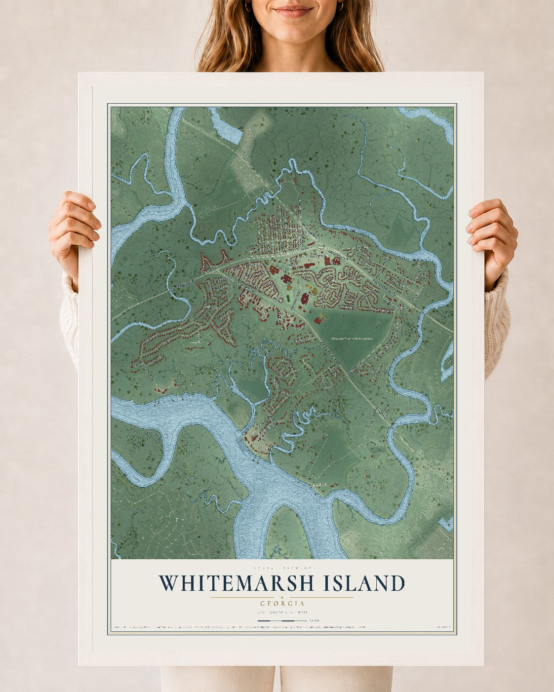 Whitemarsh Island, Georgia map print, 24" x 36" W/ White Ayous Wood Frame mockup