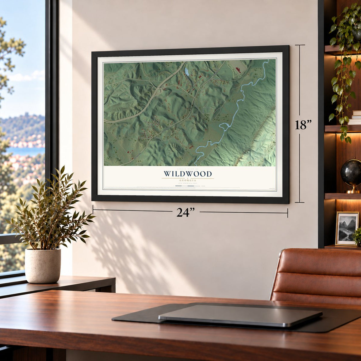 Wildwood, Georgia map, 18 x 24 inch print in a black frame in a home office