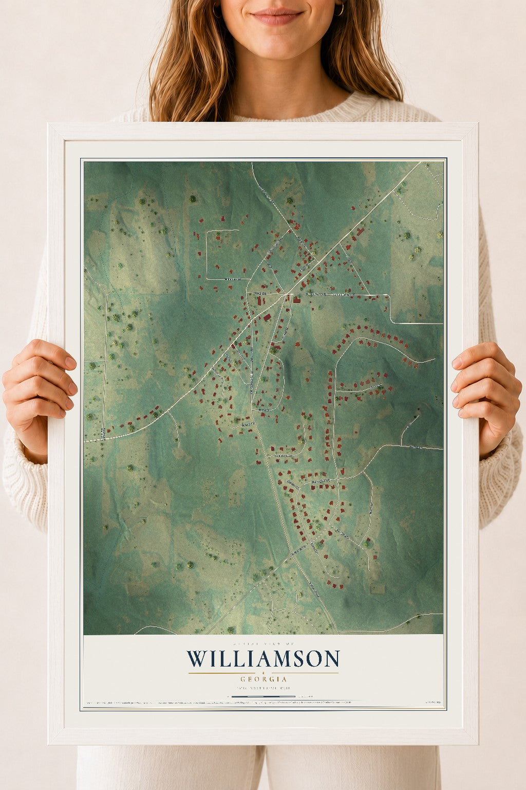 Williamson, Georgia map print, 18" x 24" W/ White Ayous Wood Frame mockup