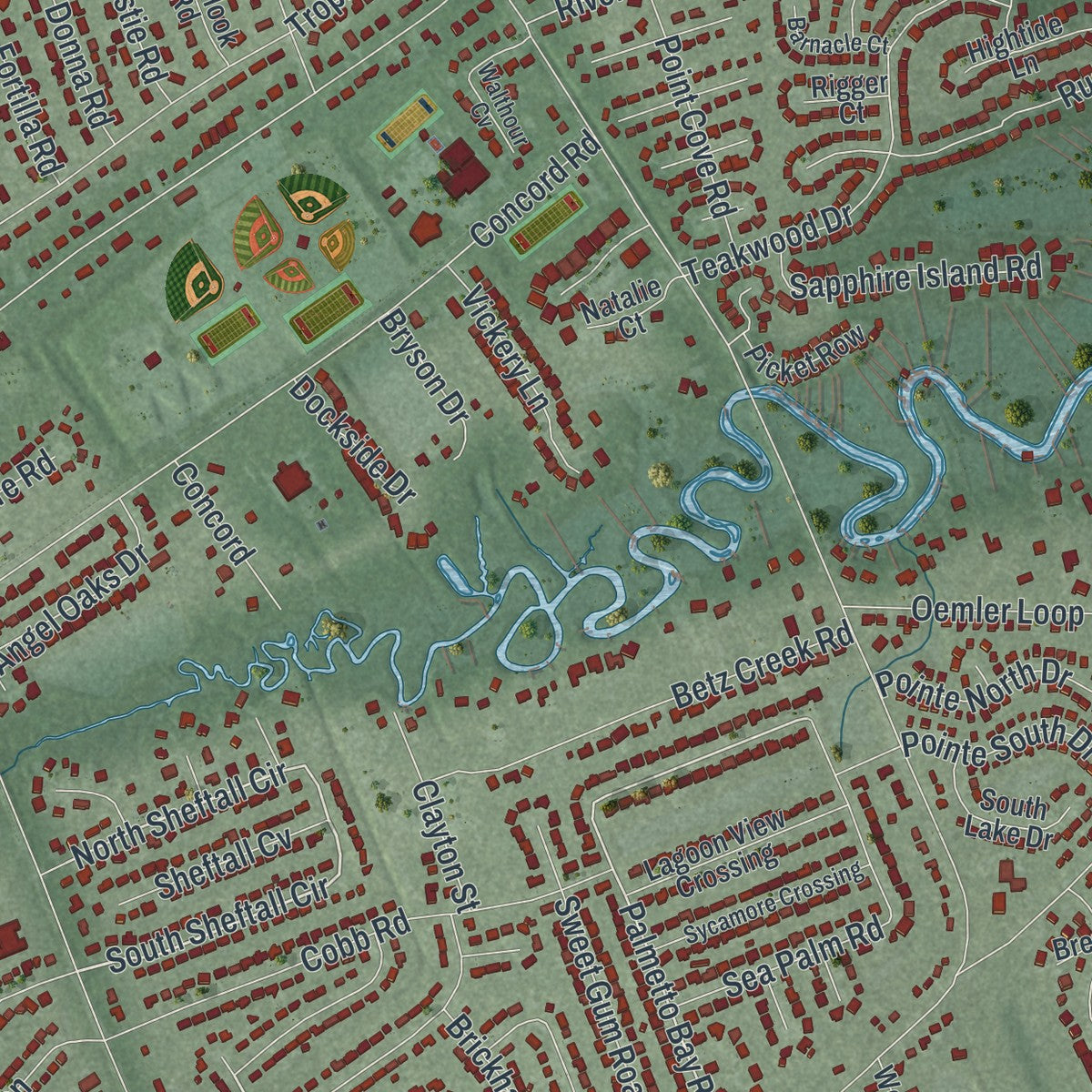 Close-up 2 of the Wilmington Island, Georgia map artwork