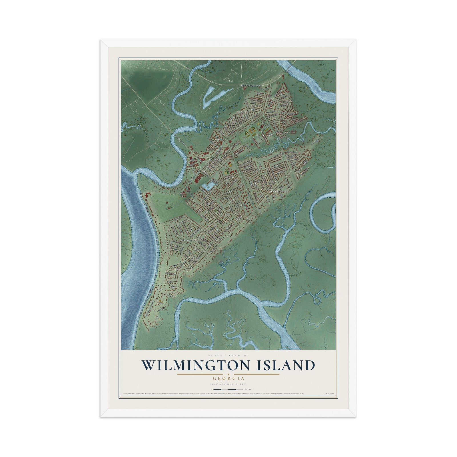 Wilmington Island, Georgia map print, 12" x 18" W/ White Ayous Wood Frame mockup