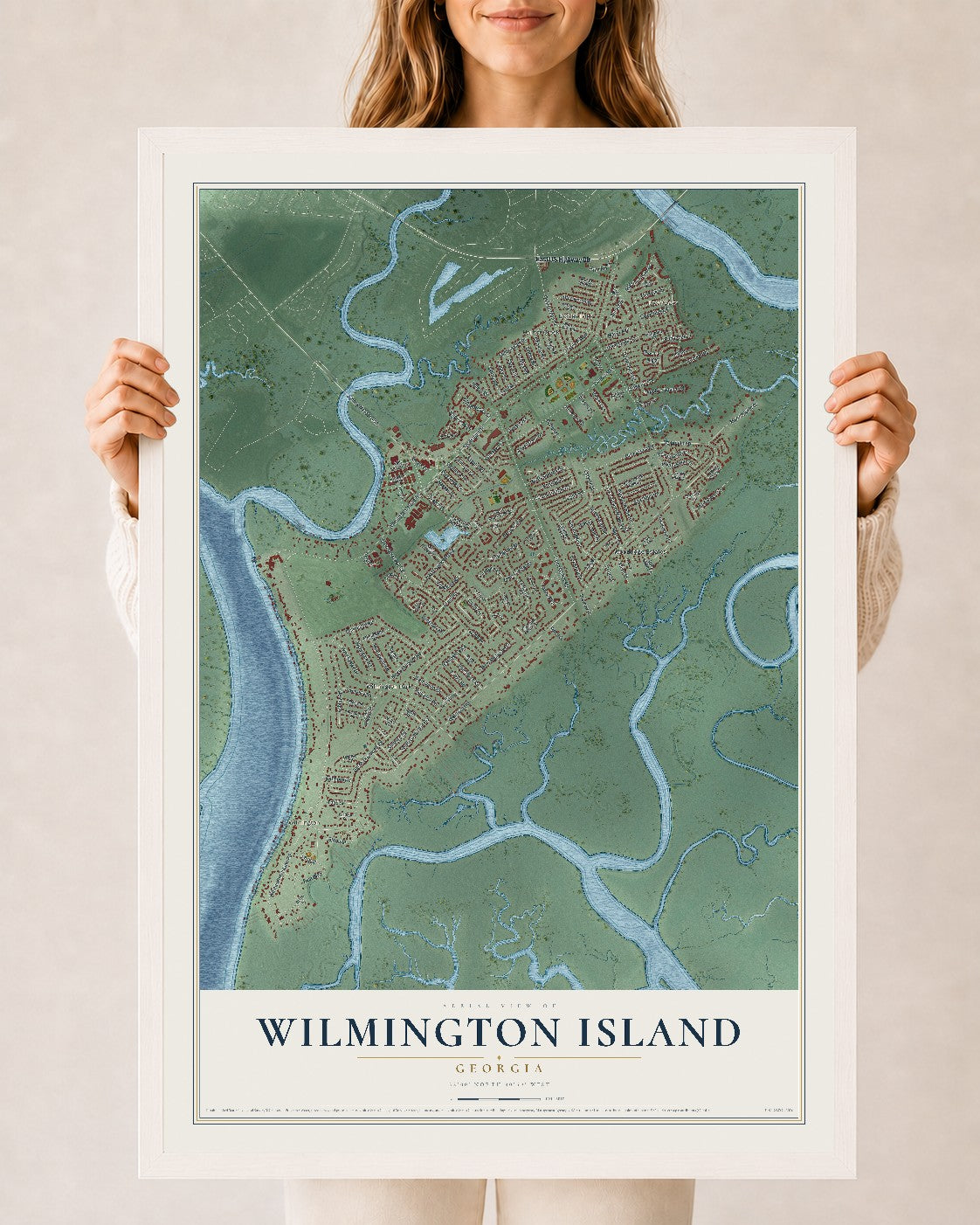 Wilmington Island, Georgia map print, 24" x 36" W/ White Ayous Wood Frame mockup