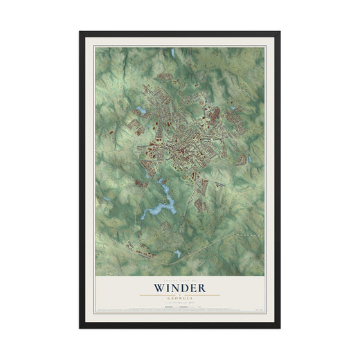 Map of Winder, Georgia, 12 x 18 inch print in a black wood frame
