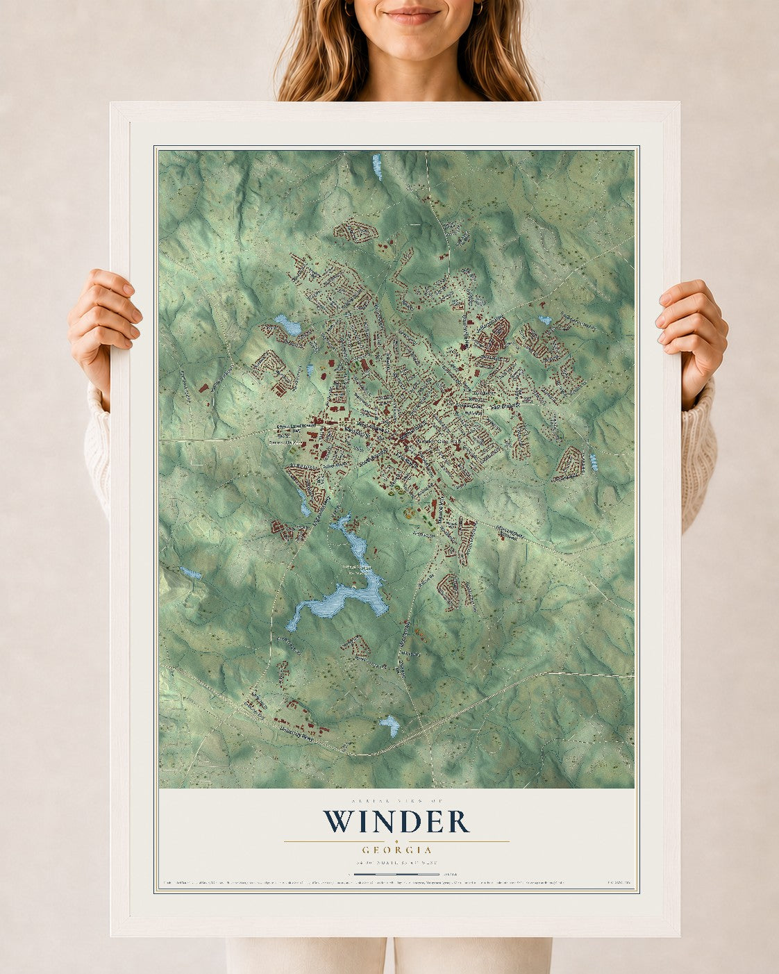 Winder, Georgia map print, 24" x 36" W/ White Ayous Wood Frame mockup
