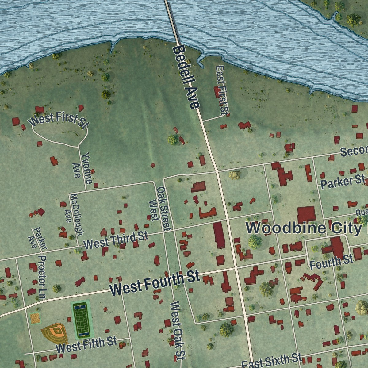 Close-up 1 of the Woodbine, Georgia map artwork