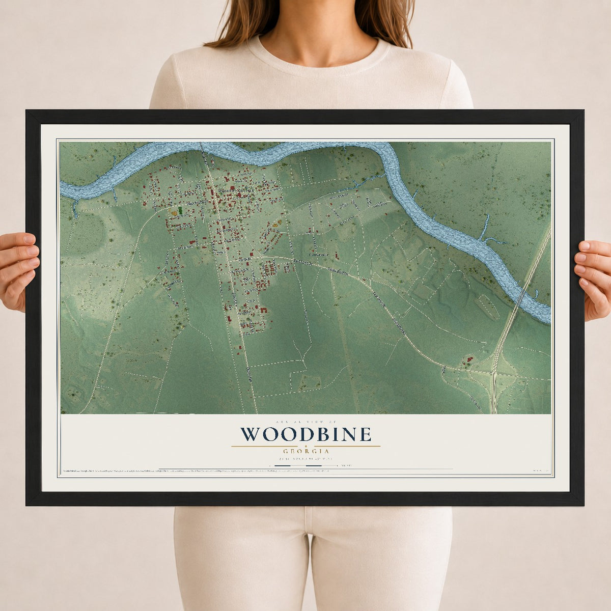Woodbine, Georgia map print, 18" x 24" W/ Black Ayous Wood Frame mockup