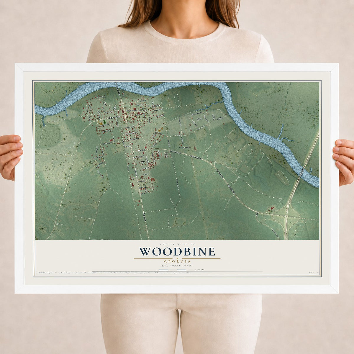 Woodbine, Georgia map print, 18" x 24" W/ White Ayous Wood Frame mockup