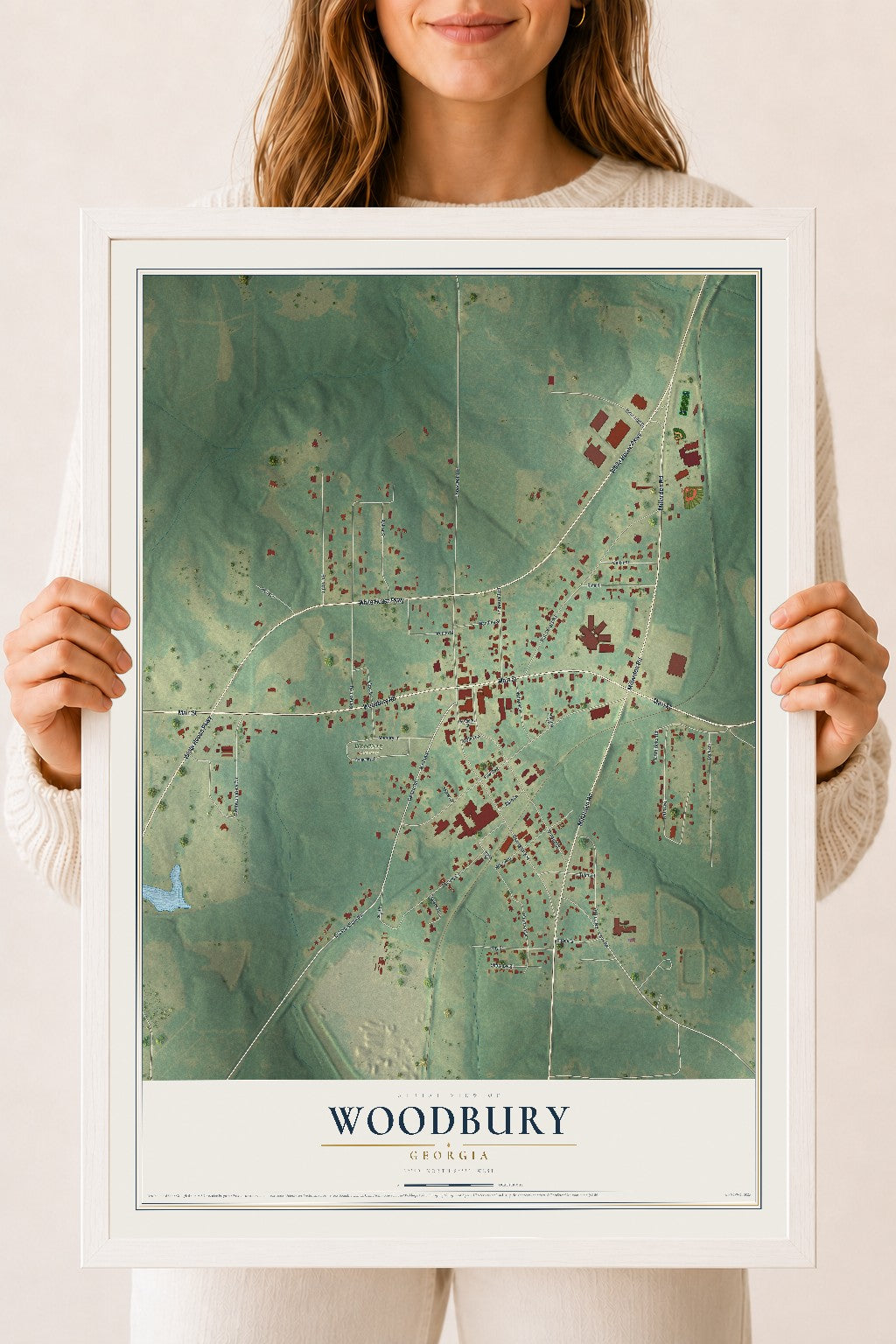 Woodbury, Georgia map print, 18" x 24" W/ White Ayous Wood Frame mockup