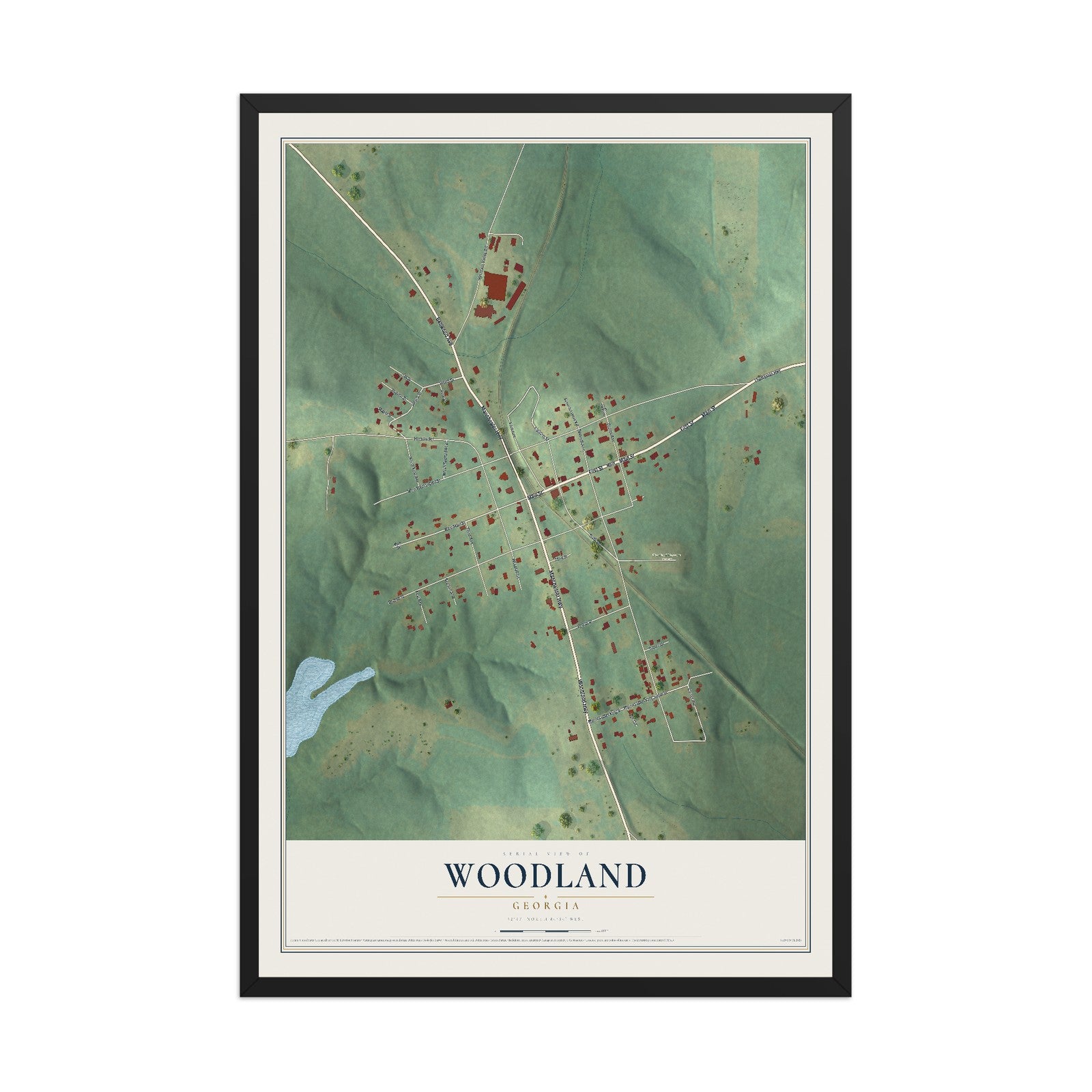 Woodland, Georgia map print, 12" x 18" W/ Black Ayous Wood Frame mockup