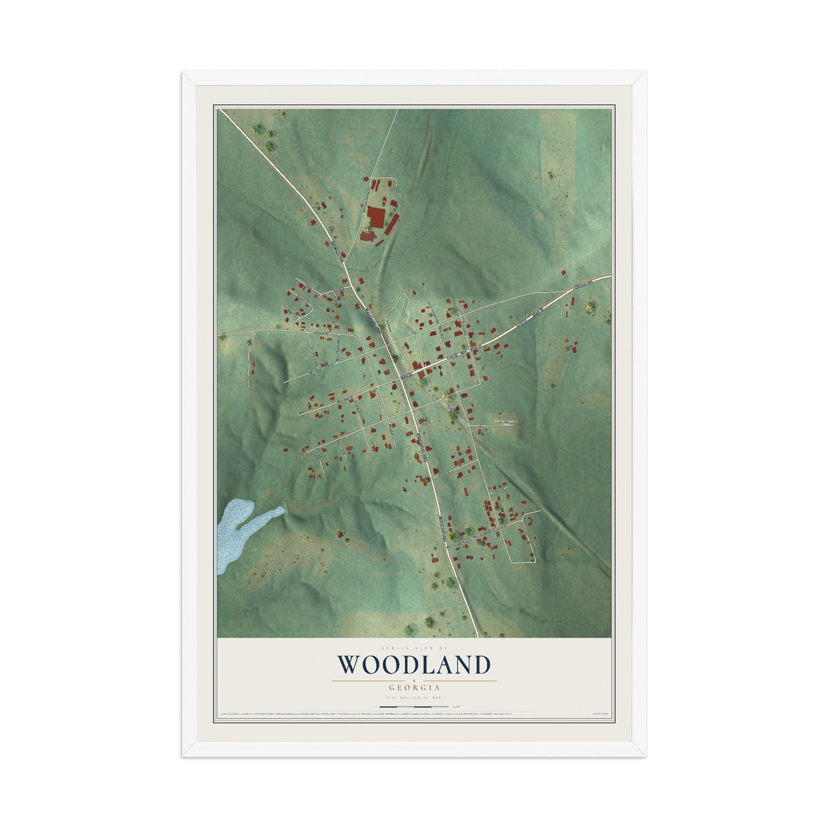 Woodland, Georgia map print, 12" x 18" W/ White Ayous Wood Frame mockup