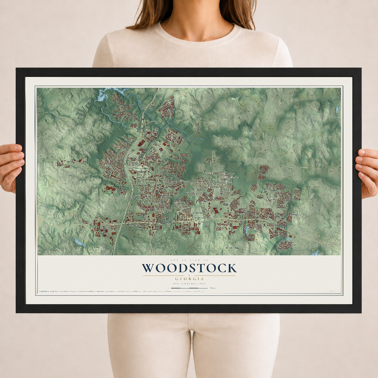 Woodstock, Georgia map print, 18" x 24" W/ Black Ayous Wood Frame mockup