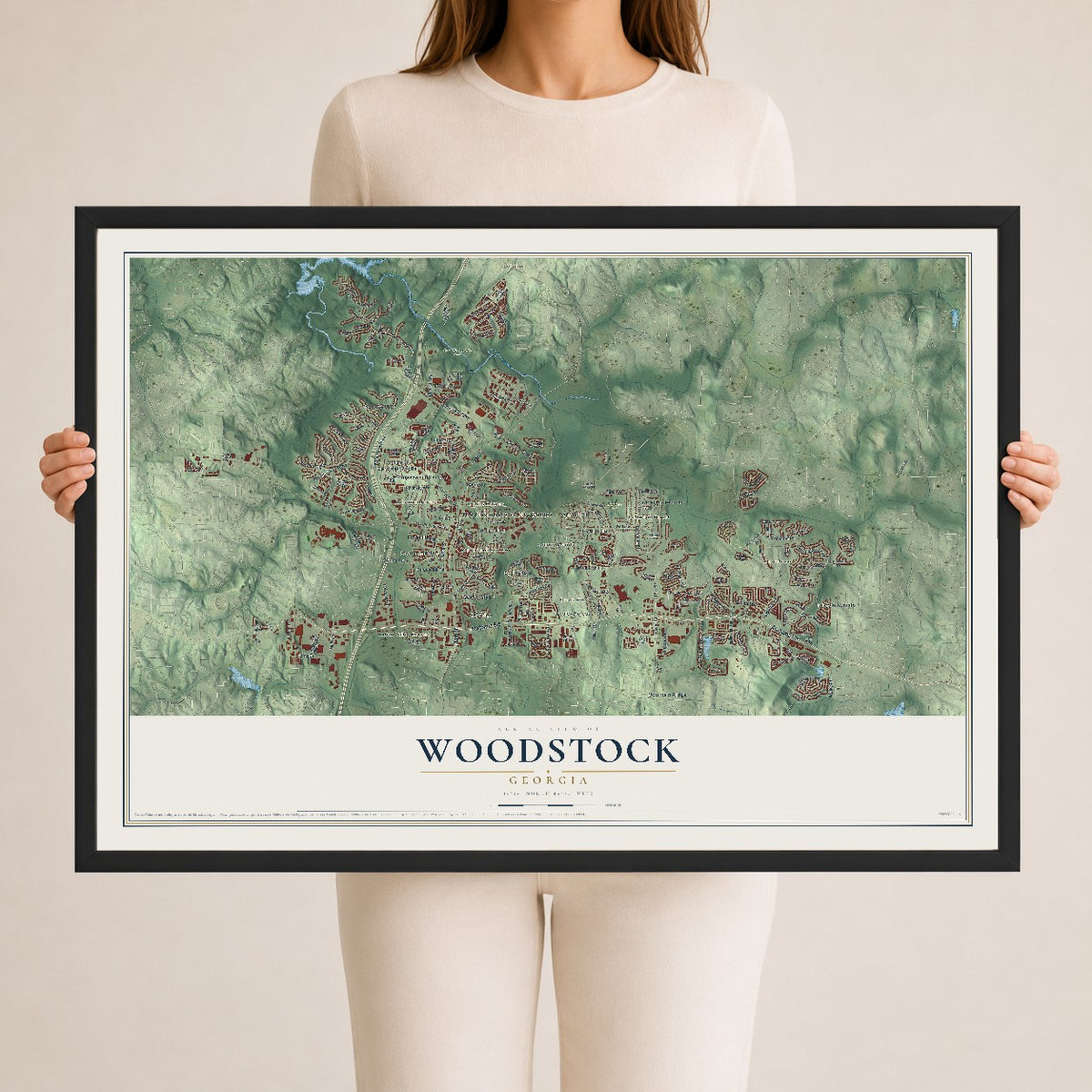 Woodstock, Georgia map print, 24" x 36" W/ Black Ayous Wood Frame mockup