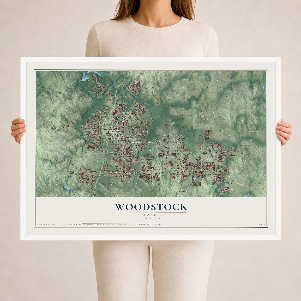 Woodstock, Georgia map print, 24" x 36" W/ White Ayous Wood Frame mockup