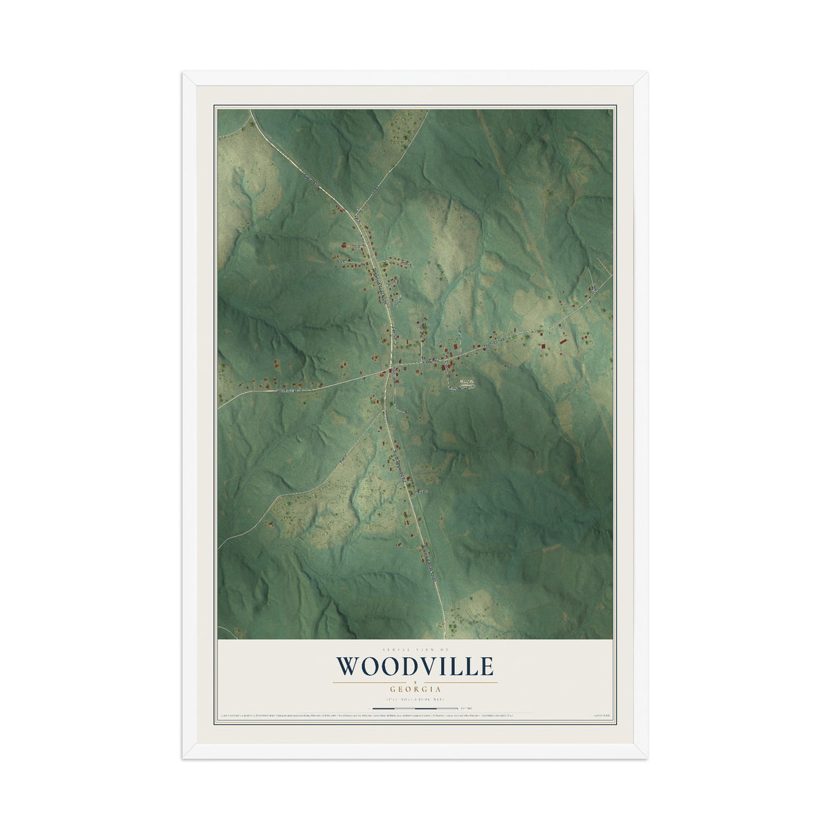 Woodville, Georgia map print, 12" x 18" W/ White Ayous Wood Frame mockup