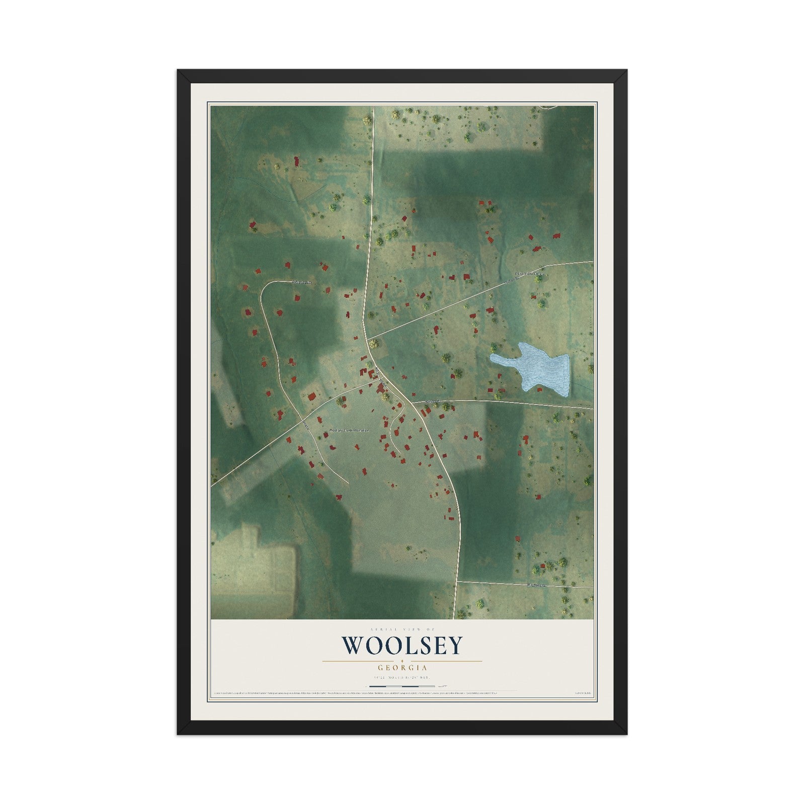 Woolsey, Georgia map print, 12" x 18" W/ Black Ayous Wood Frame mockup