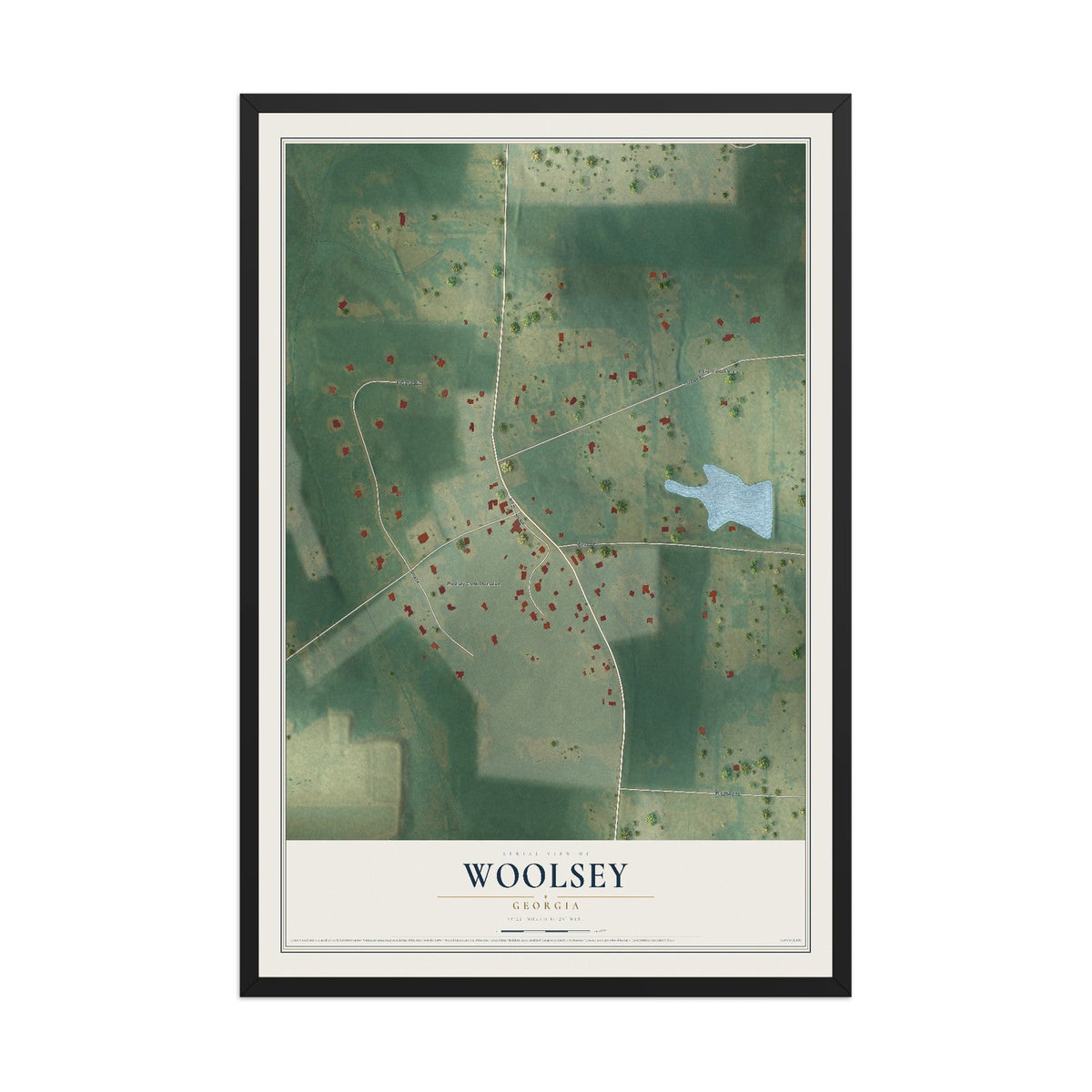 Map of Woolsey, Georgia, 12 x 18 inch print in a black wood frame