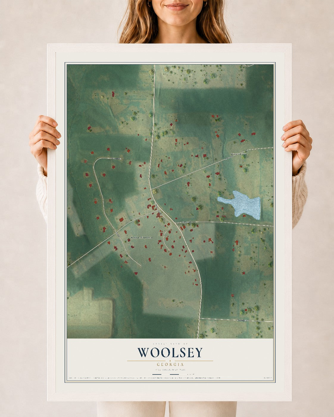 Woolsey, Georgia map print, 24" x 36" W/ White Ayous Wood Frame mockup