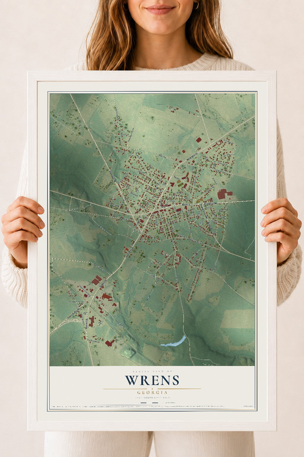 Wrens, Georgia map print, 18" x 24" W/ White Ayous Wood Frame mockup