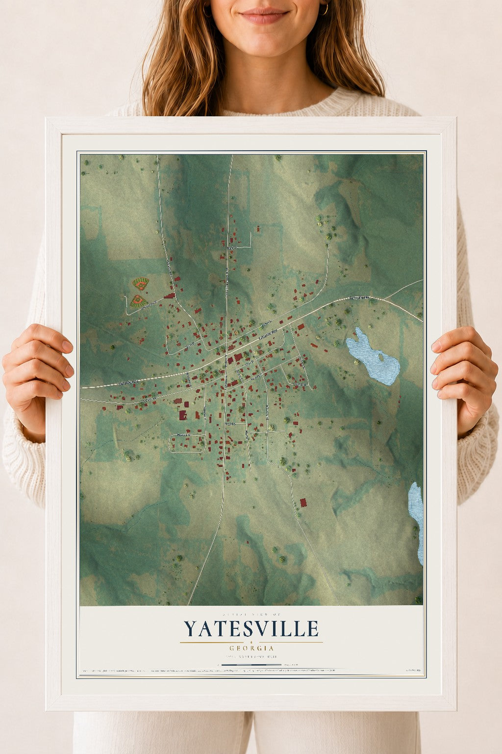 Yatesville, Georgia map print, 18" x 24" W/ White Ayous Wood Frame mockup