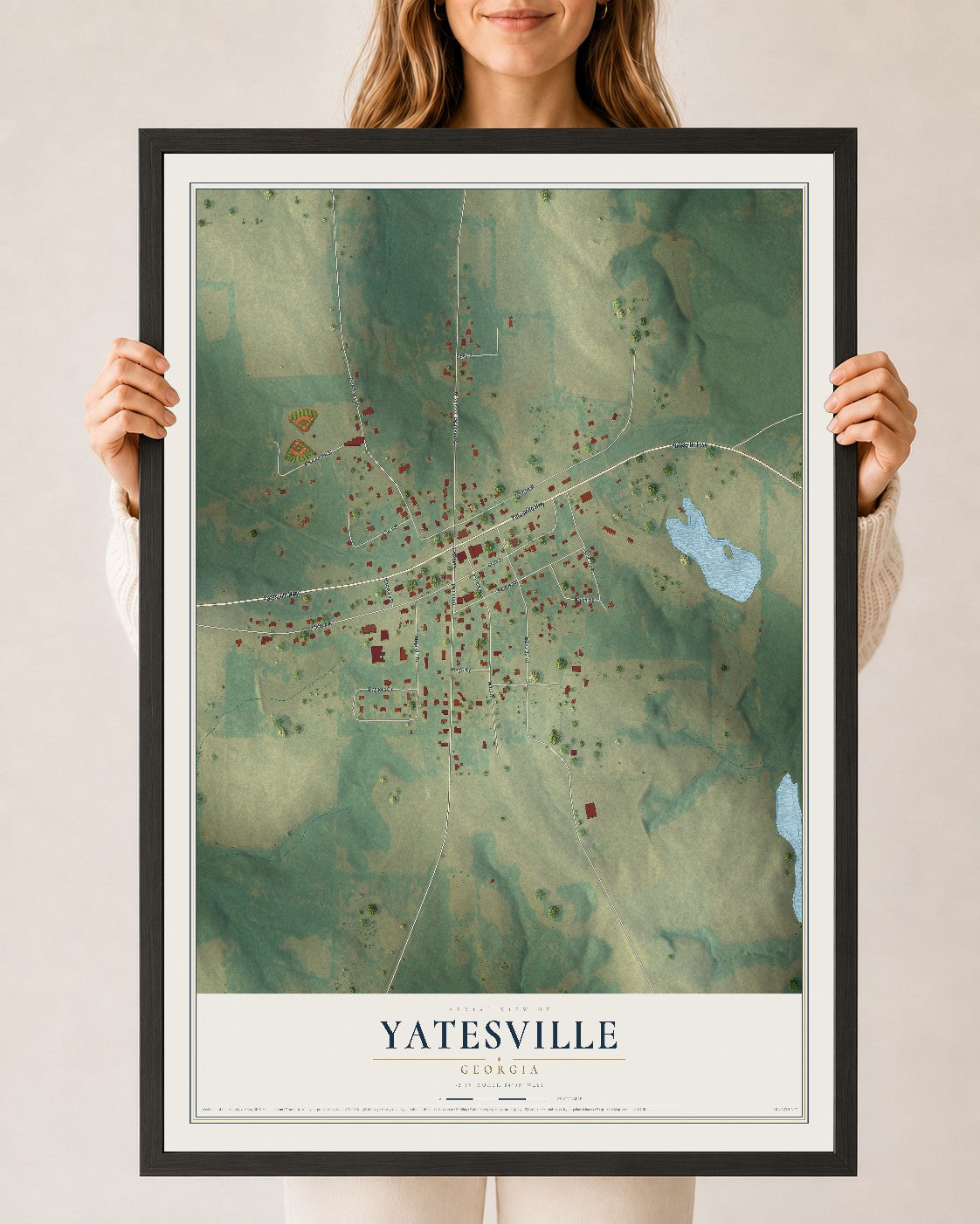 Yatesville, Georgia map print, 24" x 36" W/ Black Ayous Wood Frame mockup