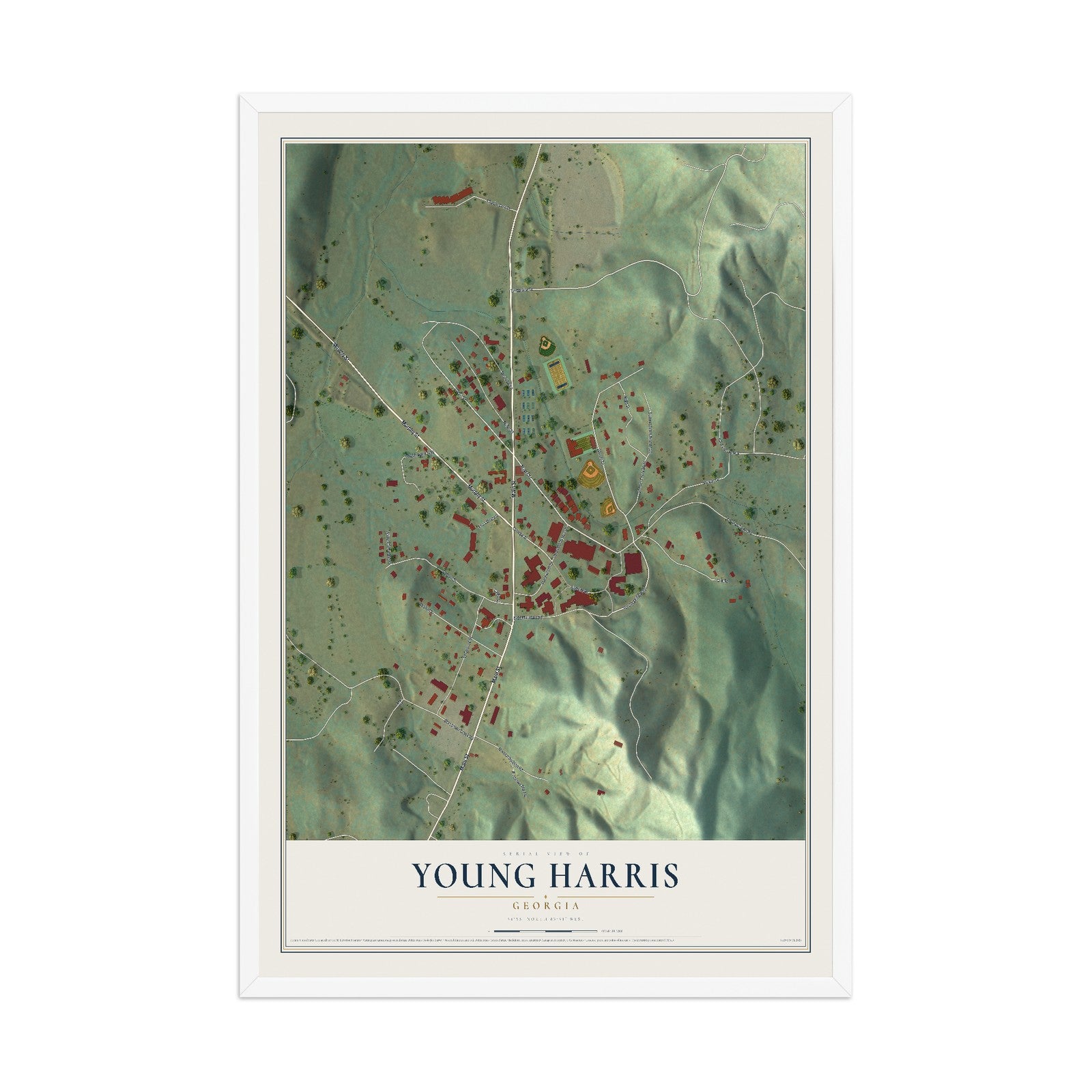 Young Harris, Georgia map print, 12" x 18" W/ White Ayous Wood Frame mockup