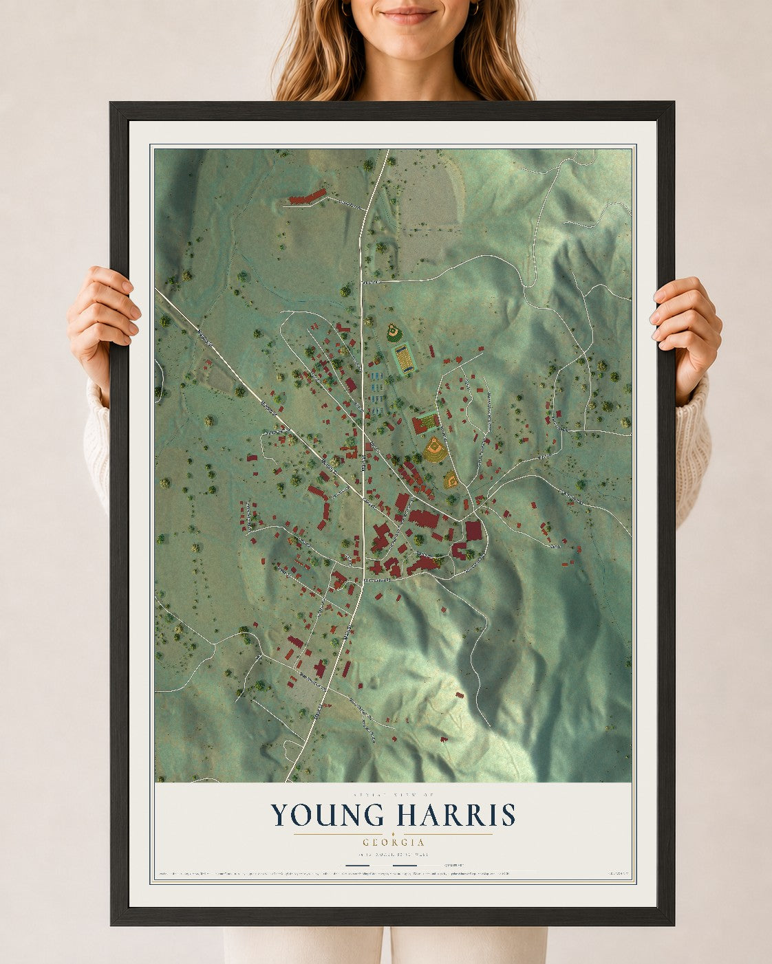 Young Harris, Georgia map print, 24" x 36" W/ Black Ayous Wood Frame mockup