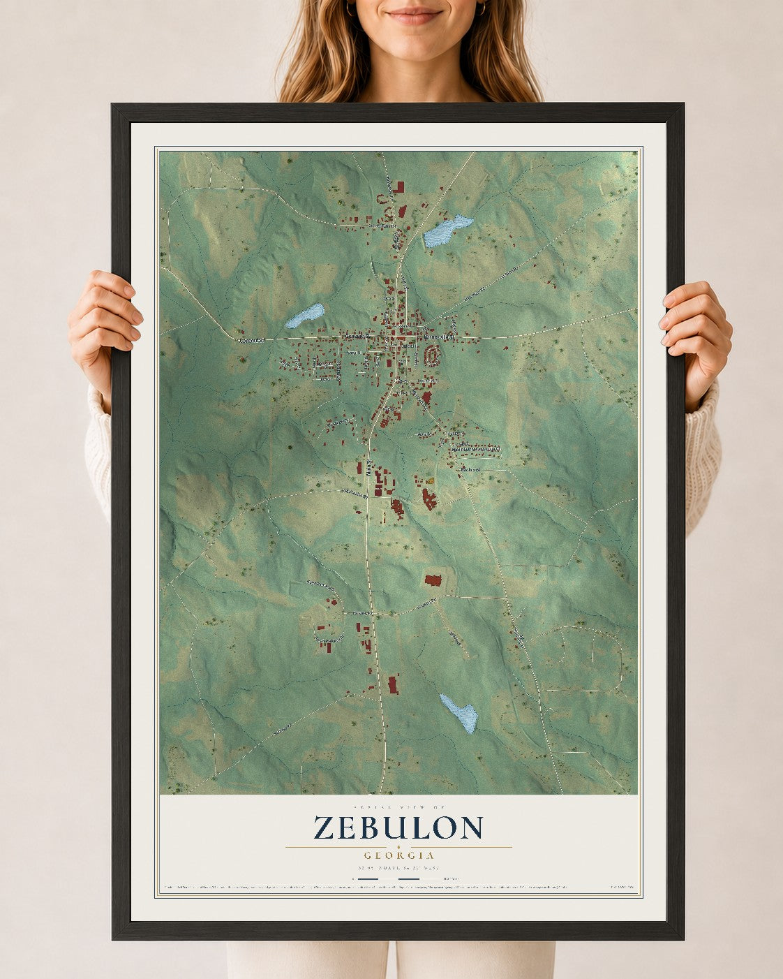 Zebulon, Georgia map print, 24" x 36" W/ Black Ayous Wood Frame mockup