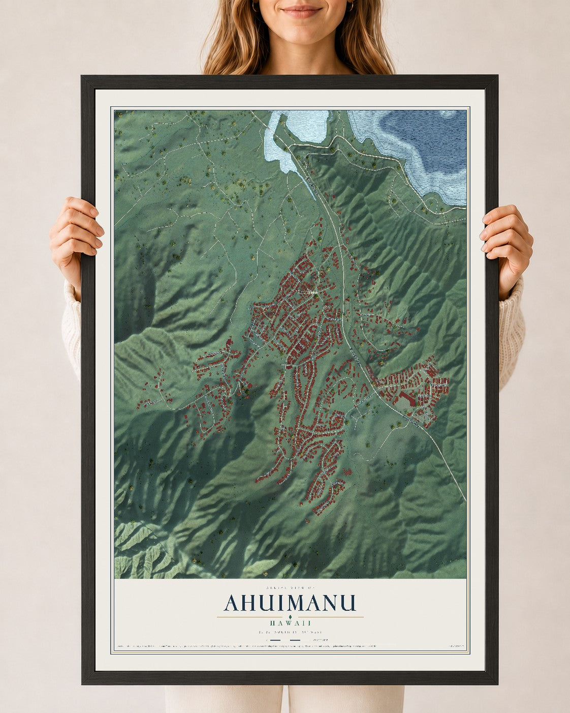Map of Ahuimanu, Hawaii, 24 x 36 inch print in a black wood frame