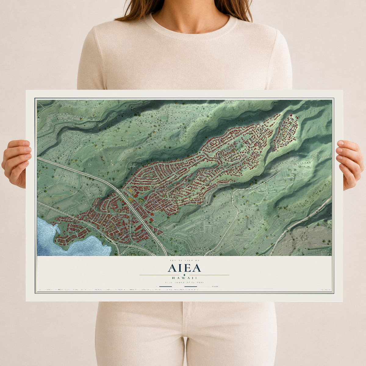 Map of Aiea, Hawaii, 12 x 18 inch unframed archival matte print