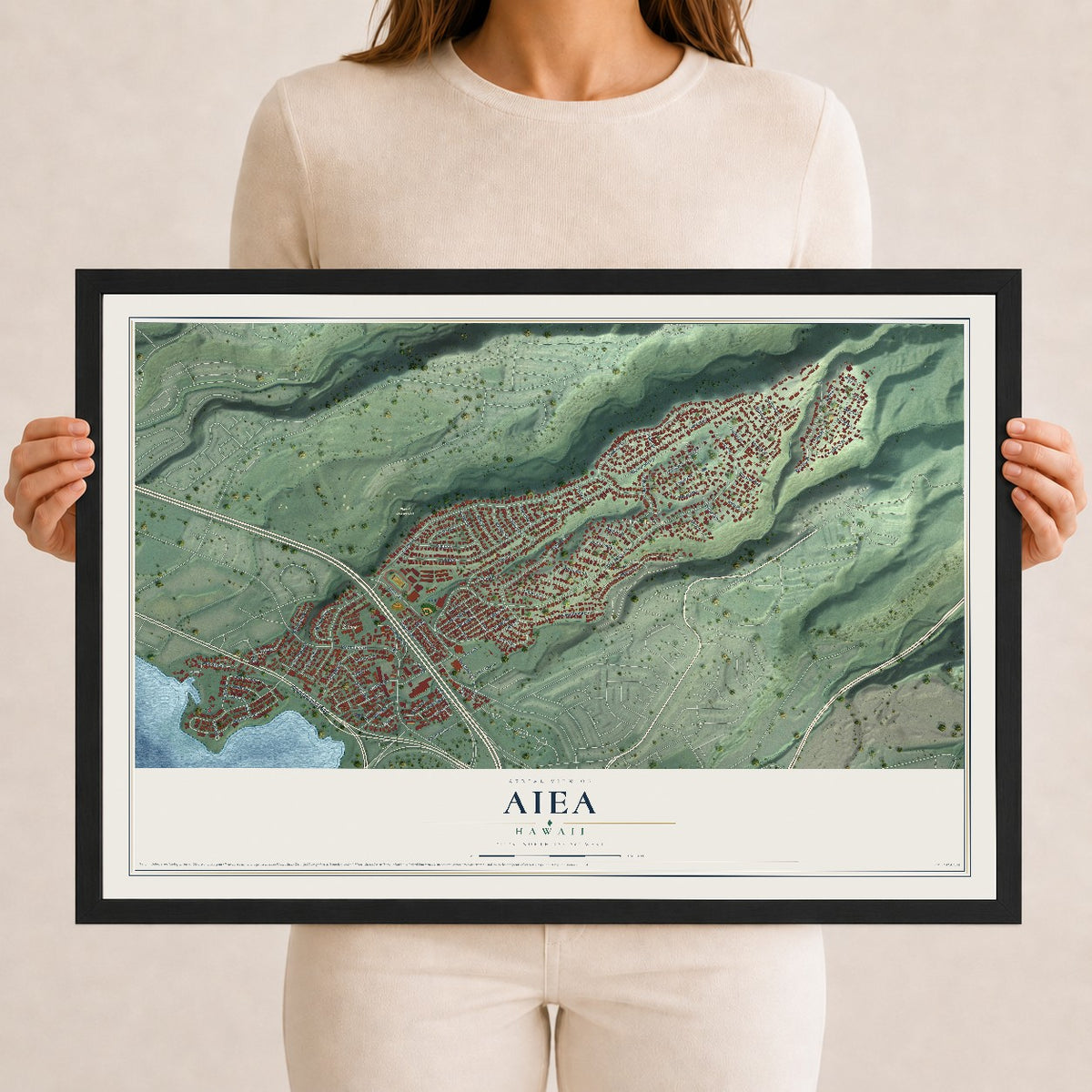 Map of Aiea, Hawaii, 12 x 18 inch print in a black wood frame