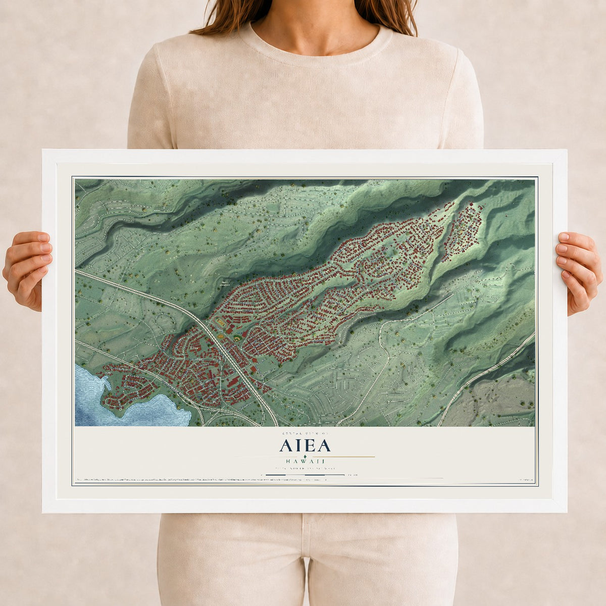 Map of Aiea, Hawaii, 12 x 18 inch print in a white wood frame