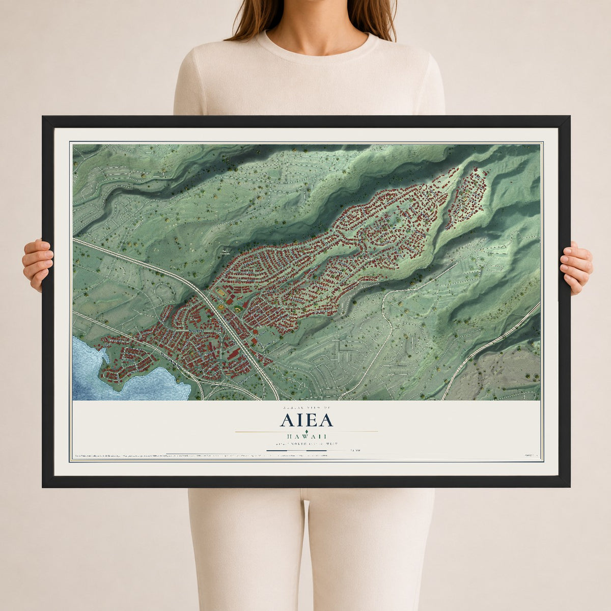 Map of Aiea, Hawaii, 24 x 36 inch print in a black wood frame