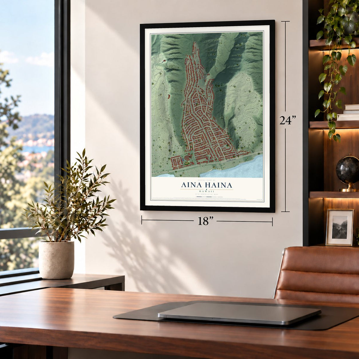 Aina Haina, Hawaii map, 18 x 24 inch print in a black frame in a home office
