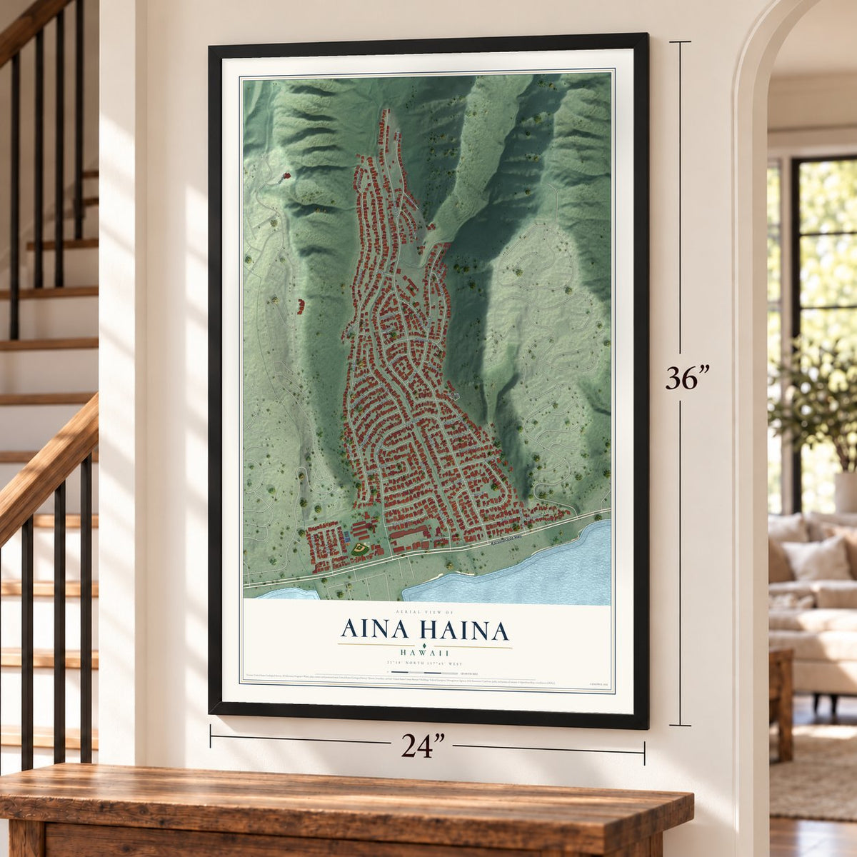 Aina Haina, Hawaii map, 24 x 36 inch print in a black frame by a staircase