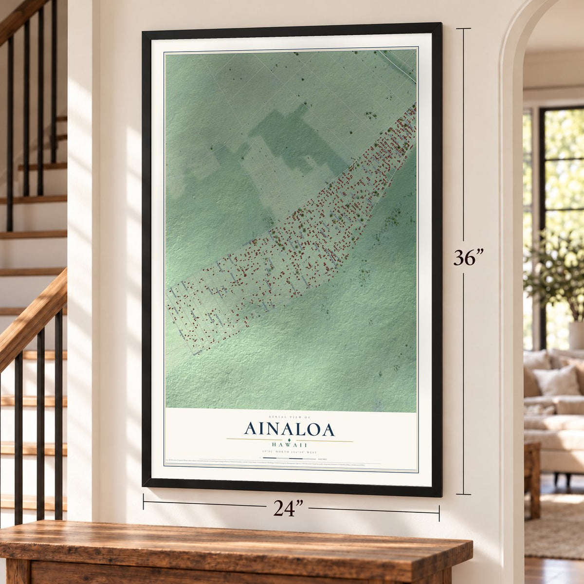 Ainaloa, Hawaii map, 24 x 36 inch print in a black frame by a staircase
