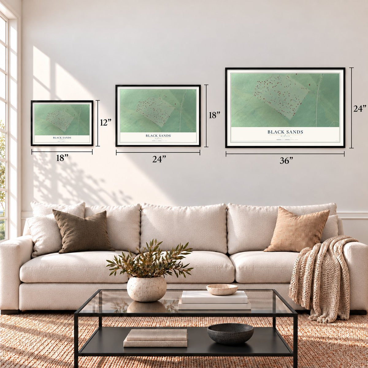 Black Sands, Hawaii map in 12 x 18, 18 x 24 and 24 x 36 inch sizes above a sofa