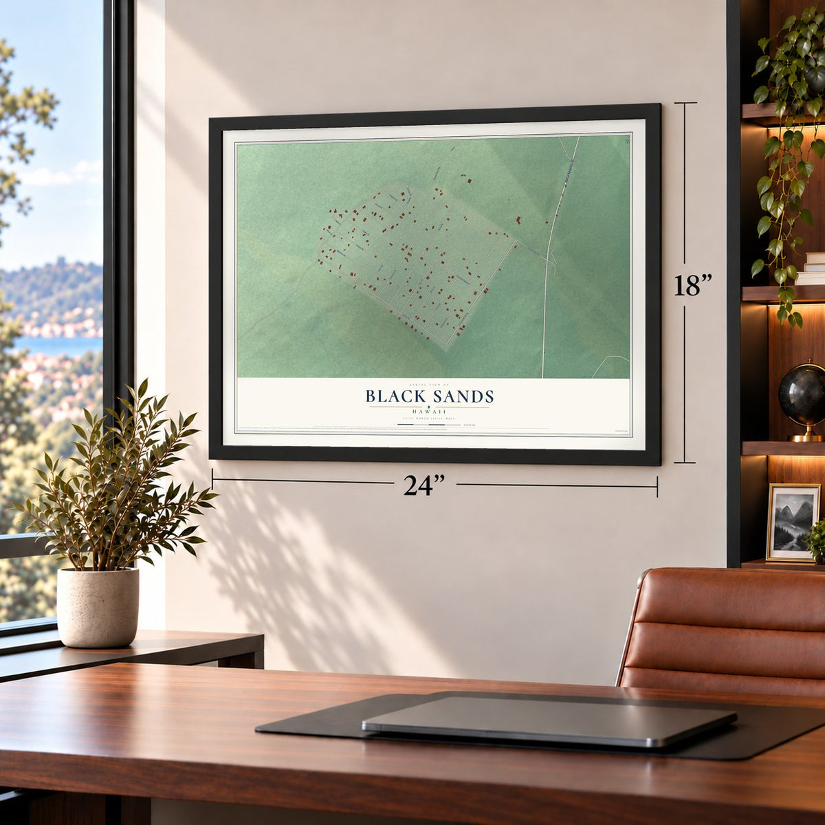 Black Sands, Hawaii map, 18 x 24 inch print in a black frame in a home office