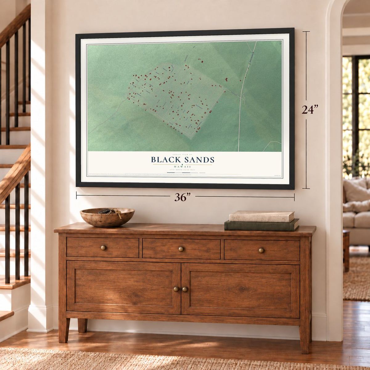 Black Sands, Hawaii map, 24 x 36 inch print in a black frame above a dresser by a staircase