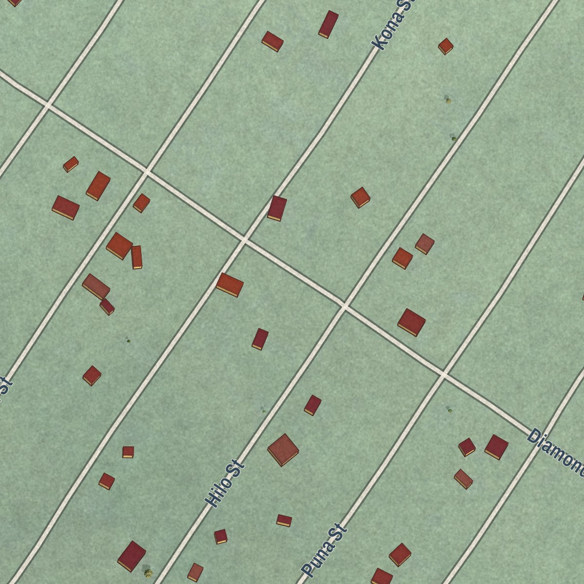 Close-up of the map of Black Sands, Hawaii print showing street and building detail