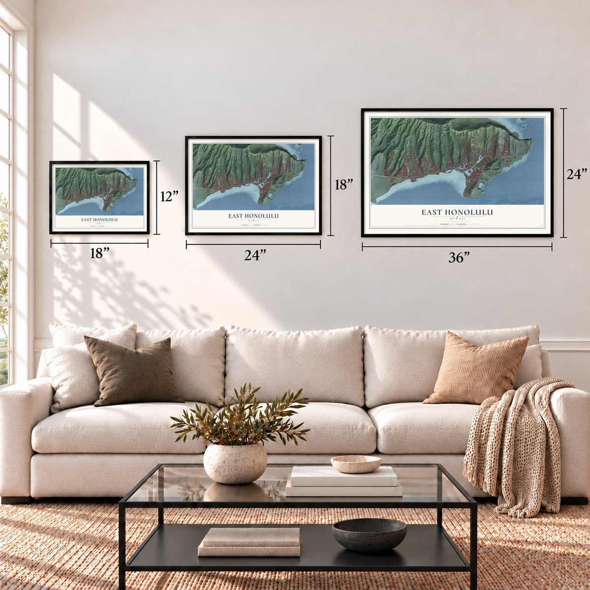East Honolulu, Hawaii map in 12 x 18, 18 x 24 and 24 x 36 inch sizes above a sofa