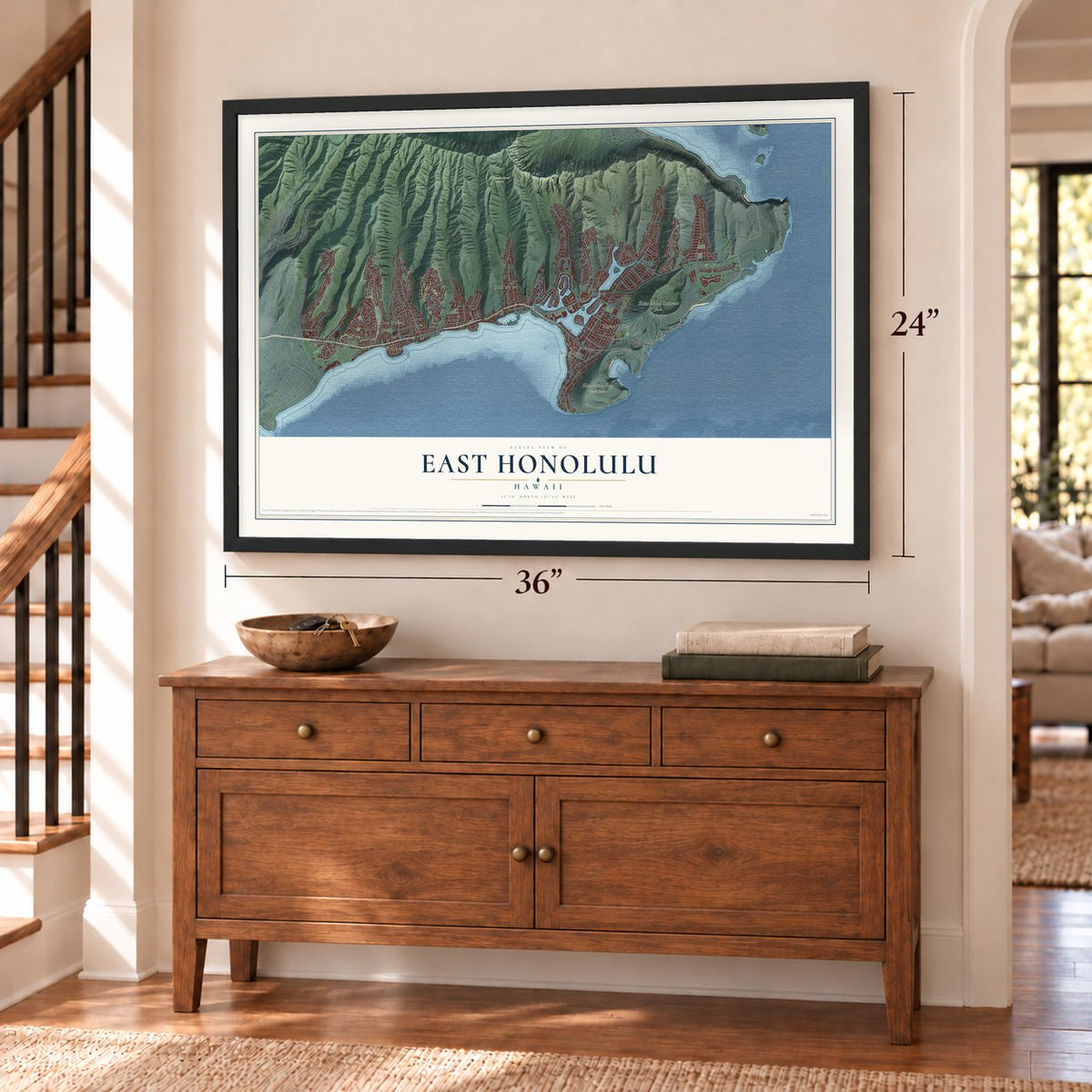East Honolulu, Hawaii map, 24 x 36 inch print in a black frame above a dresser by a staircase