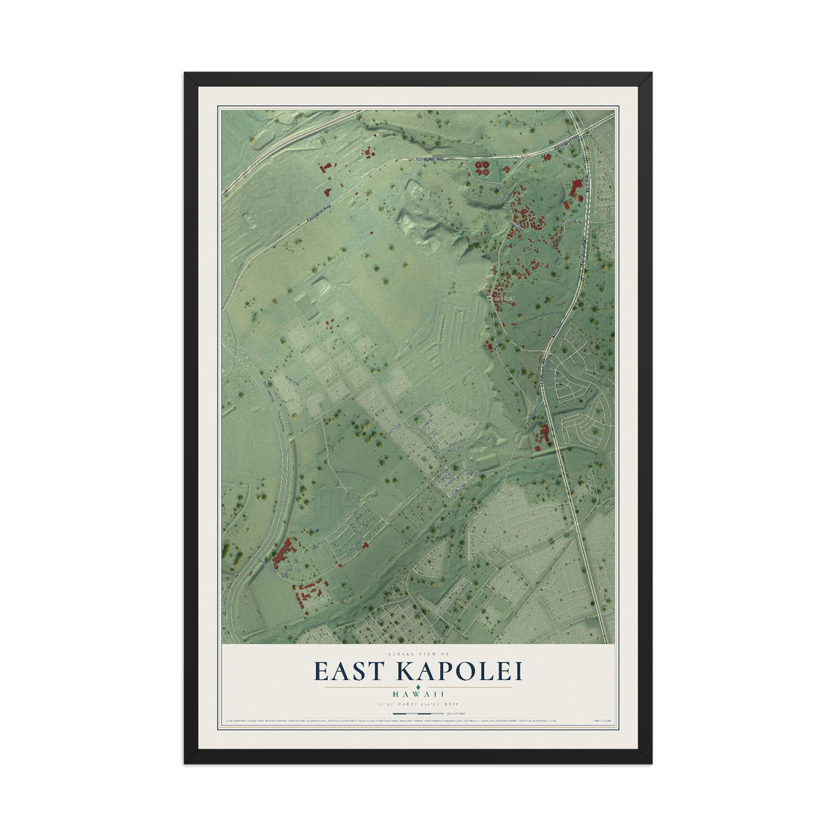 Map of East Kapolei, Hawaii, 12 x 18 inch print in a black wood frame